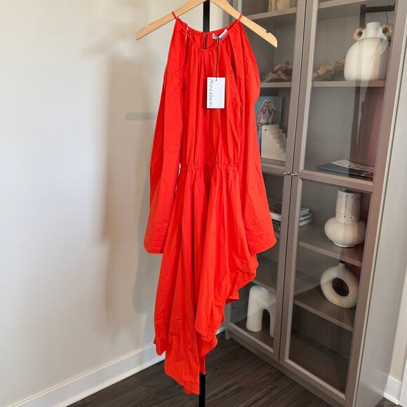JW Anderson Asymmetric Cutout Midi Dress NEW Slit Detail V-Neckline Red Orange 2 - Picture 2 of 7